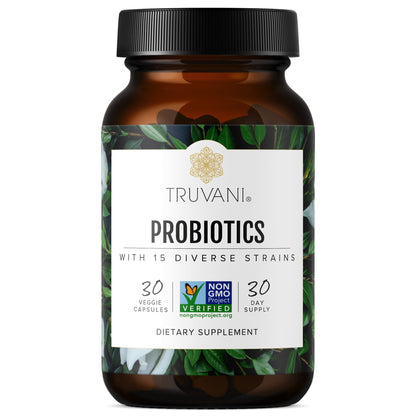 Truvani Probiotic Supplement | 30 Servings | 15 Billion CFU | 15 Diverse Strains for Digestive, Immune & Brain Health Support | Shelf-Stable Vegan Capsules | Non-GMO, No Fillers - dailyvitalstore