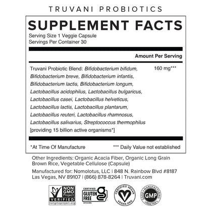 Truvani Probiotic Supplement | 30 Servings | 15 Billion CFU | 15 Diverse Strains for Digestive, Immune & Brain Health Support | Shelf-Stable Vegan Capsules | Non-GMO, No Fillers - dailyvitalstore
