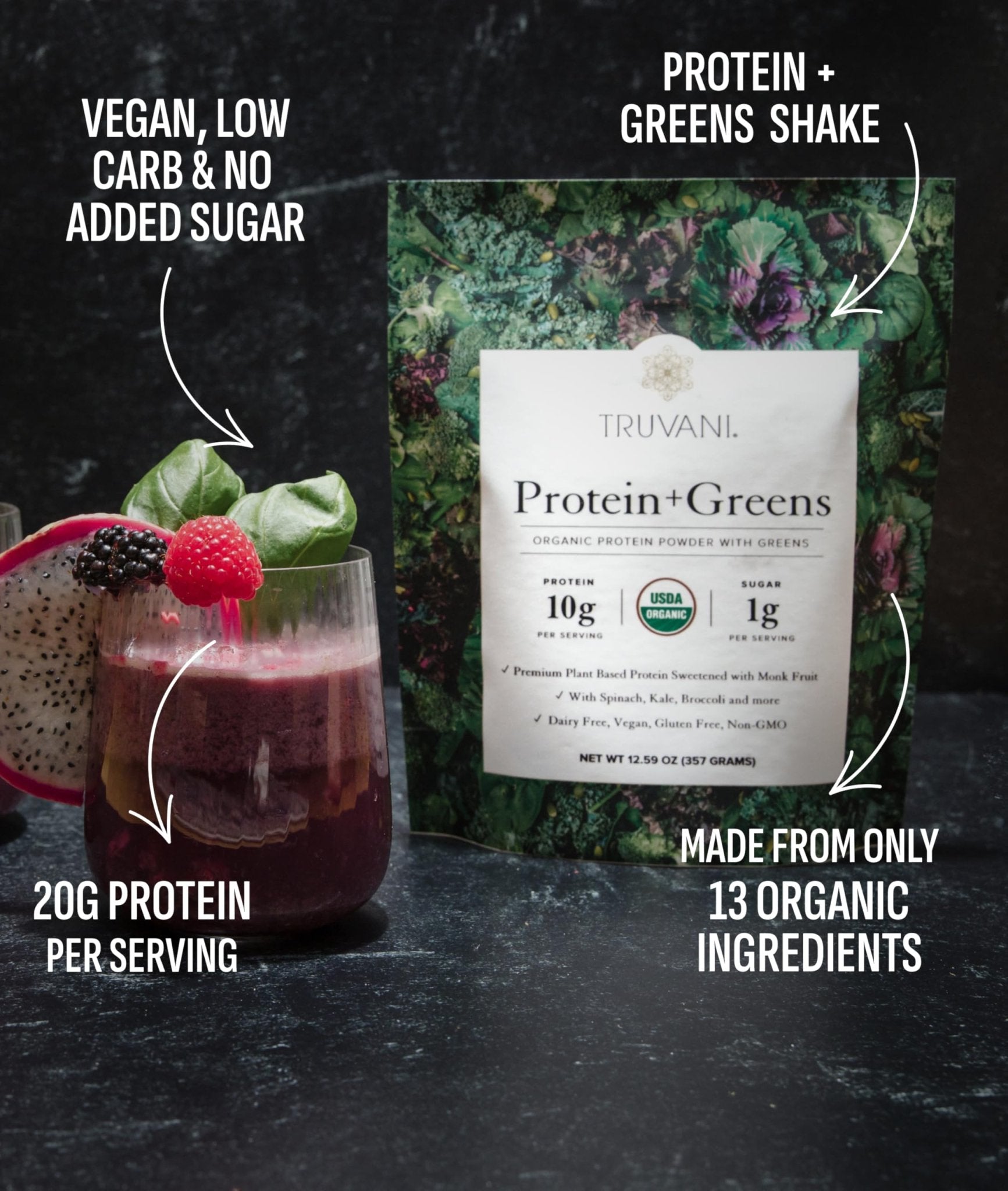 Truvani Protein + Greens Supplement | Spinach, Kale & Broccoli | 10g Organic Plant Based Protein | 20 Servings | USDA Organic | Gluten & Dairy Free - dailyvitalstore