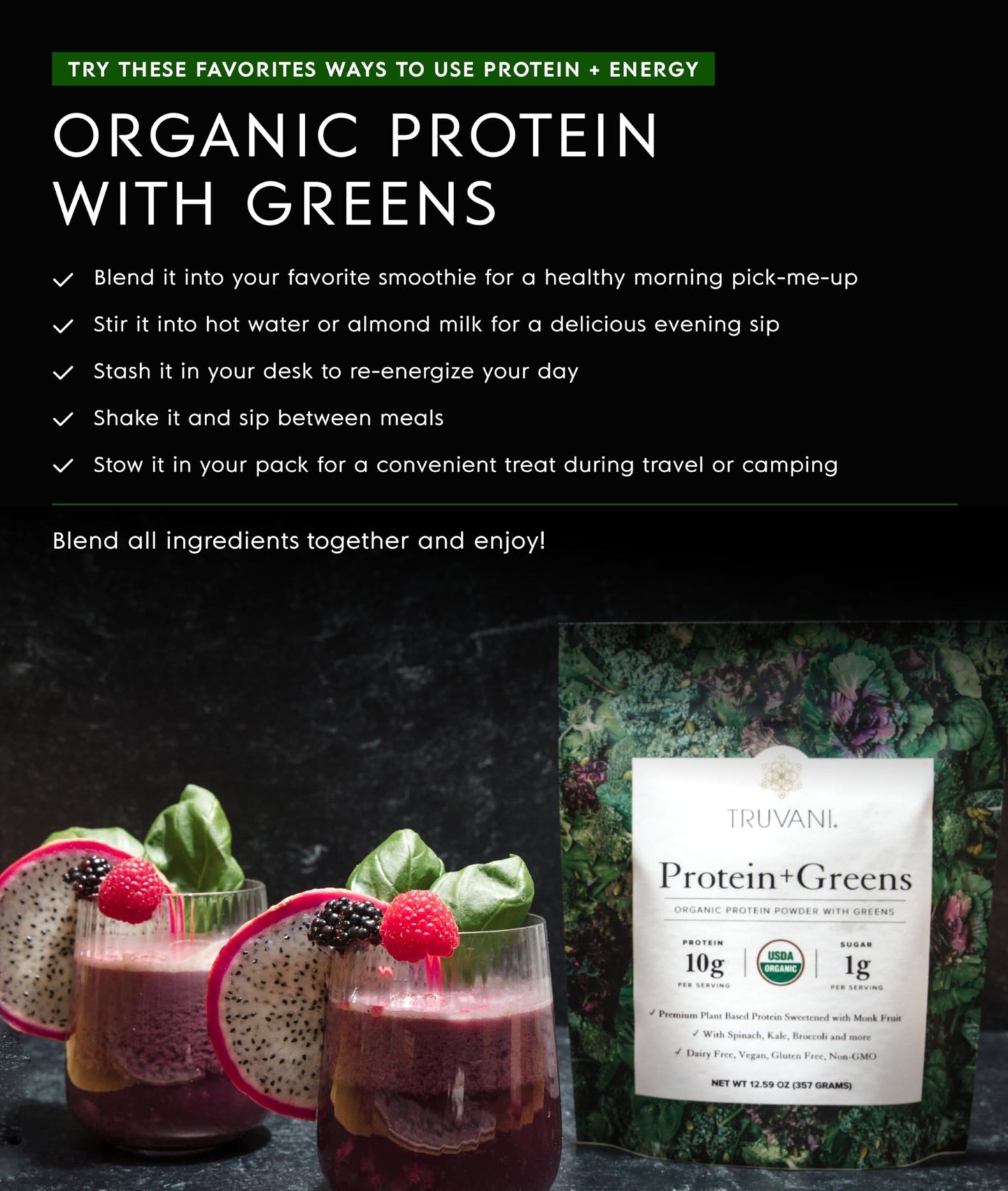 Truvani Protein + Greens Supplement | Spinach, Kale & Broccoli | 10g Organic Plant Based Protein | 20 Servings | USDA Organic | Gluten & Dairy Free - dailyvitalstore