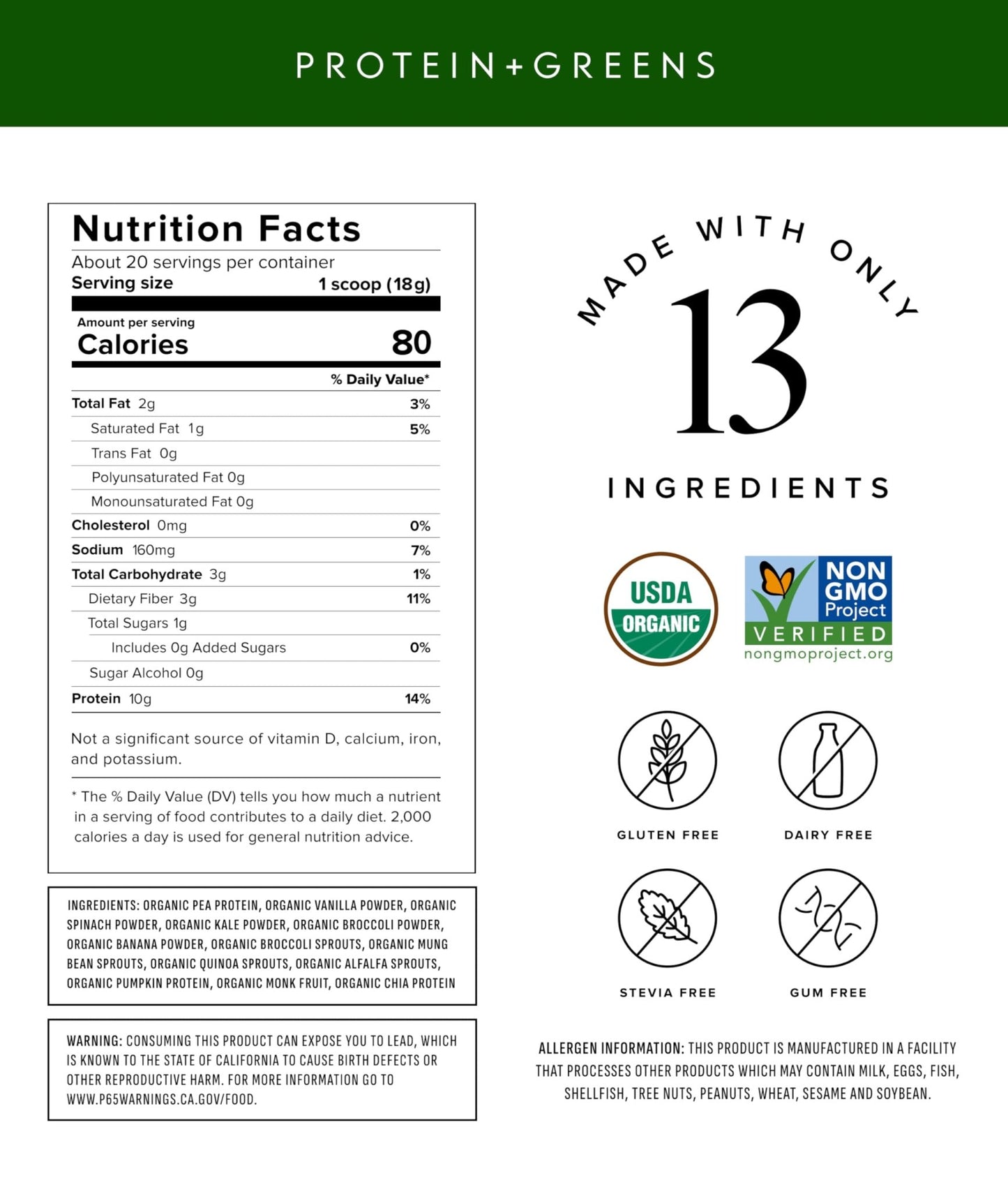 Truvani Protein + Greens Supplement | Spinach, Kale & Broccoli | 10g Organic Plant Based Protein | 20 Servings | USDA Organic | Gluten & Dairy Free - dailyvitalstore