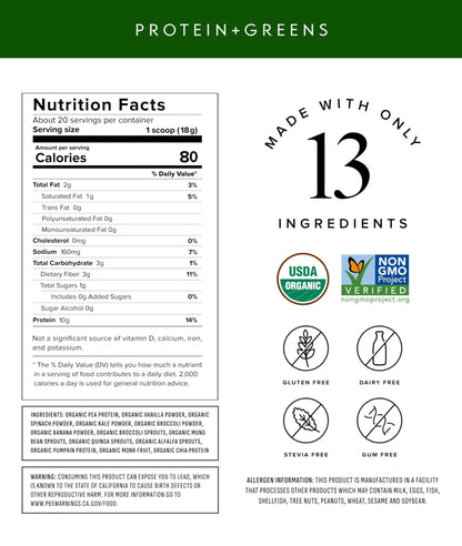 Truvani Protein + Greens Supplement | Spinach, Kale & Broccoli | 10g Organic Plant Based Protein | 20 Servings | USDA Organic | Gluten & Dairy Free - dailyvitalstore