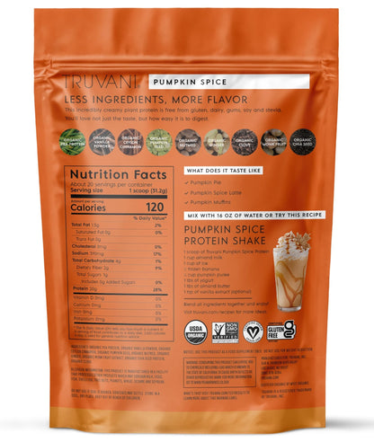 Truvani Vegan Pea Protein Powder | Pumpkin Spice | 20g Organic Plant Based Protein | 20 Servings | Keto | Gluten & Dairy Free - dailyvitalstore