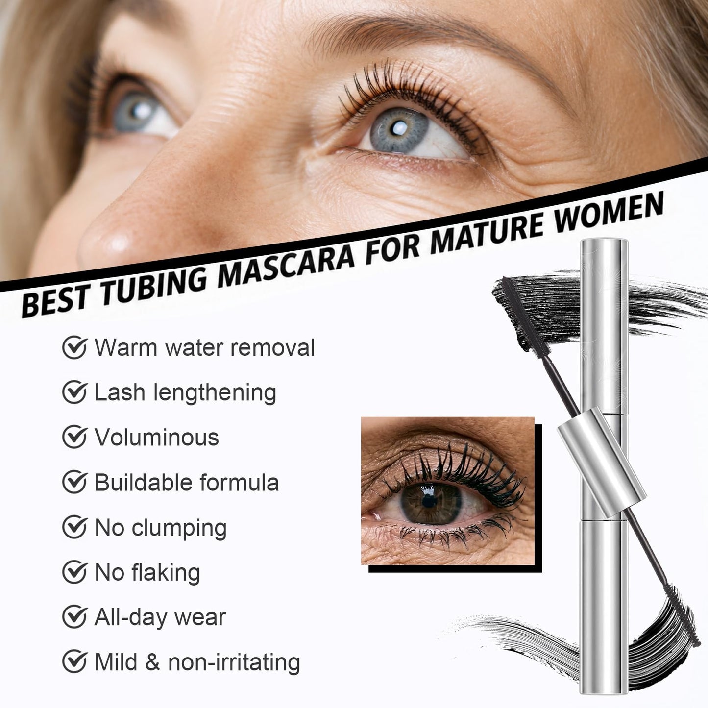 Tubing Mascara for Older Women 60 Plus, Double Ended Black Mascara, Lengthening Volumizing 2-in-1 Mascara for Short Multi-layered Lashes, Smudge Proof Easy Warm Water - dailyvitalstore