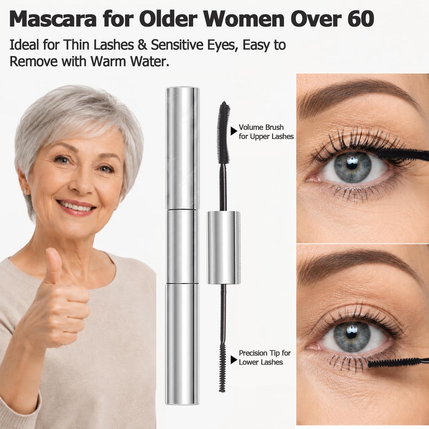 Tubing Mascara for Older Women 60 Plus, Double Ended Black Mascara, Lengthening Volumizing 2-in-1 Mascara for Short Multi-layered Lashes, Smudge Proof Easy Warm Water - dailyvitalstore