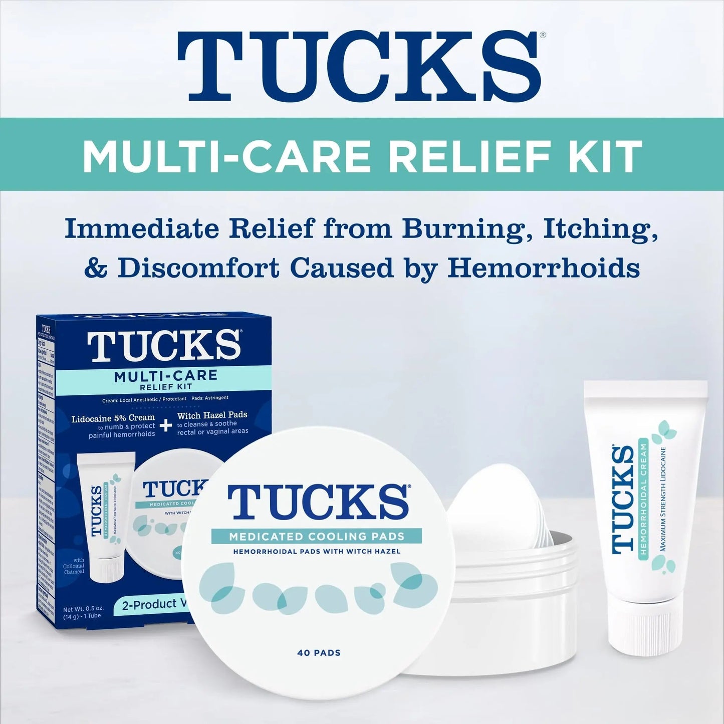 Tucks Multi-Care Relief Kit – 40 Count Witch Hazel Pads & 0.5 oz. Lidocaine Cream - Protects from Irritation, Hemorrhoid Treatment Medicated Pads Used by Hospitals - dailyvitalstore