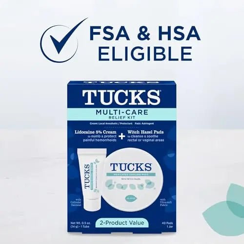 Tucks Multi-Care Relief Kit – 40 Count Witch Hazel Pads & 0.5 oz. Lidocaine Cream - Protects from Irritation, Hemorrhoid Treatment Medicated Pads Used by Hospitals - dailyvitalstore
