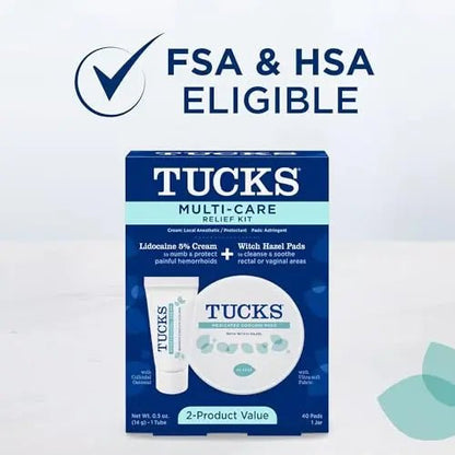 Tucks Multi-Care Relief Kit – 40 Count Witch Hazel Pads & 0.5 oz. Lidocaine Cream - Protects from Irritation, Hemorrhoid Treatment Medicated Pads Used by Hospitals - dailyvitalstore
