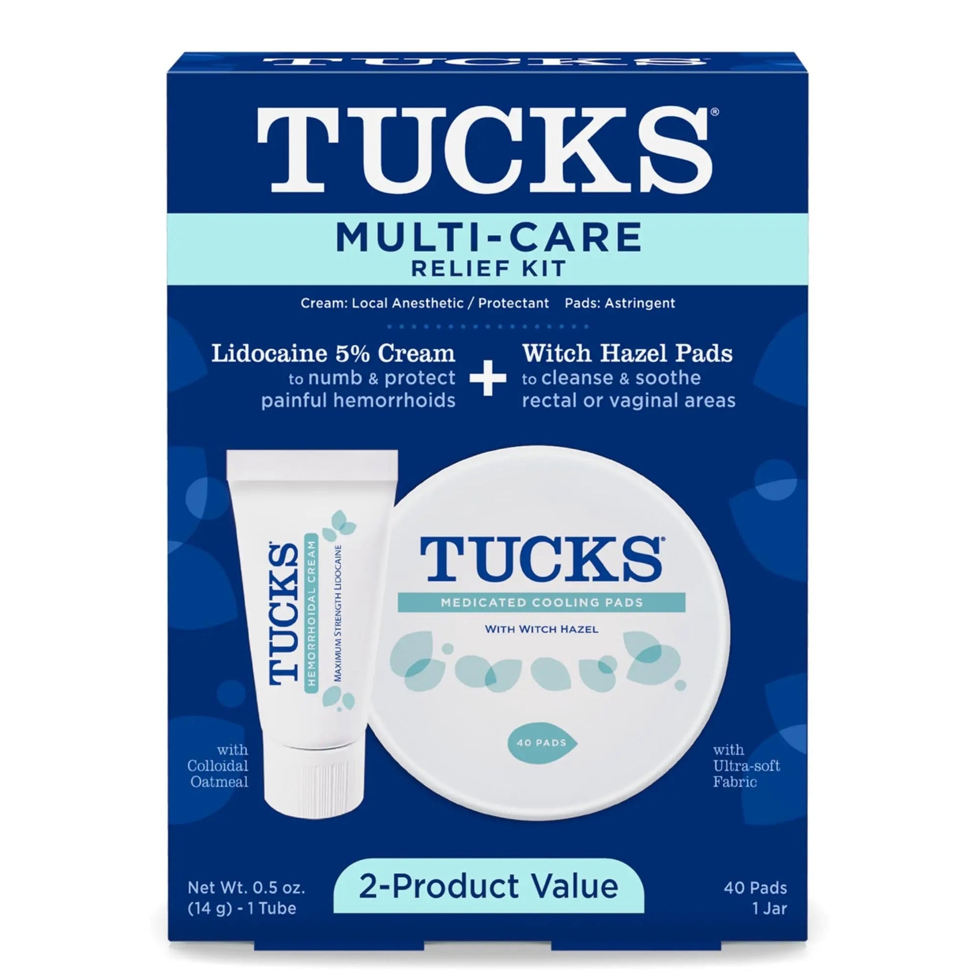 Tucks Multi-Care Relief Kit – 40 Count Witch Hazel Pads & 0.5 oz. Lidocaine Cream - Protects from Irritation, Hemorrhoid Treatment Medicated Pads Used by Hospitals - dailyvitalstore