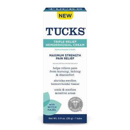 Tucks Triple Relief Hemorrhoidal Cream, Maximum Strength Pain Relief from Burning, Itching and Discomfort, with Witch Hazel, Treatment, Brand Used by Hospitals, 0.9oz. (26g) - dailyvitalstore