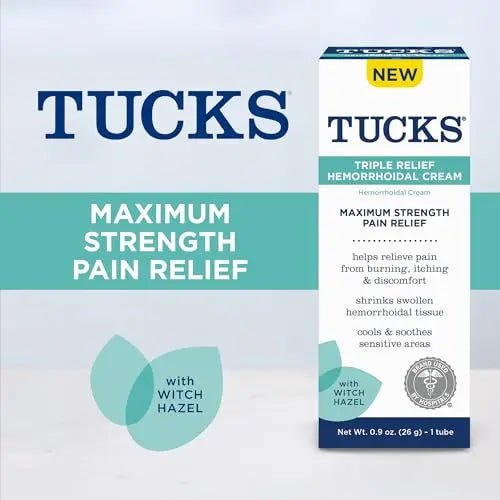 Tucks Triple Relief Hemorrhoidal Cream, Maximum Strength Pain Relief from Burning, Itching and Discomfort, with Witch Hazel, Treatment, Brand Used by Hospitals, 0.9oz. (26g) - dailyvitalstore
