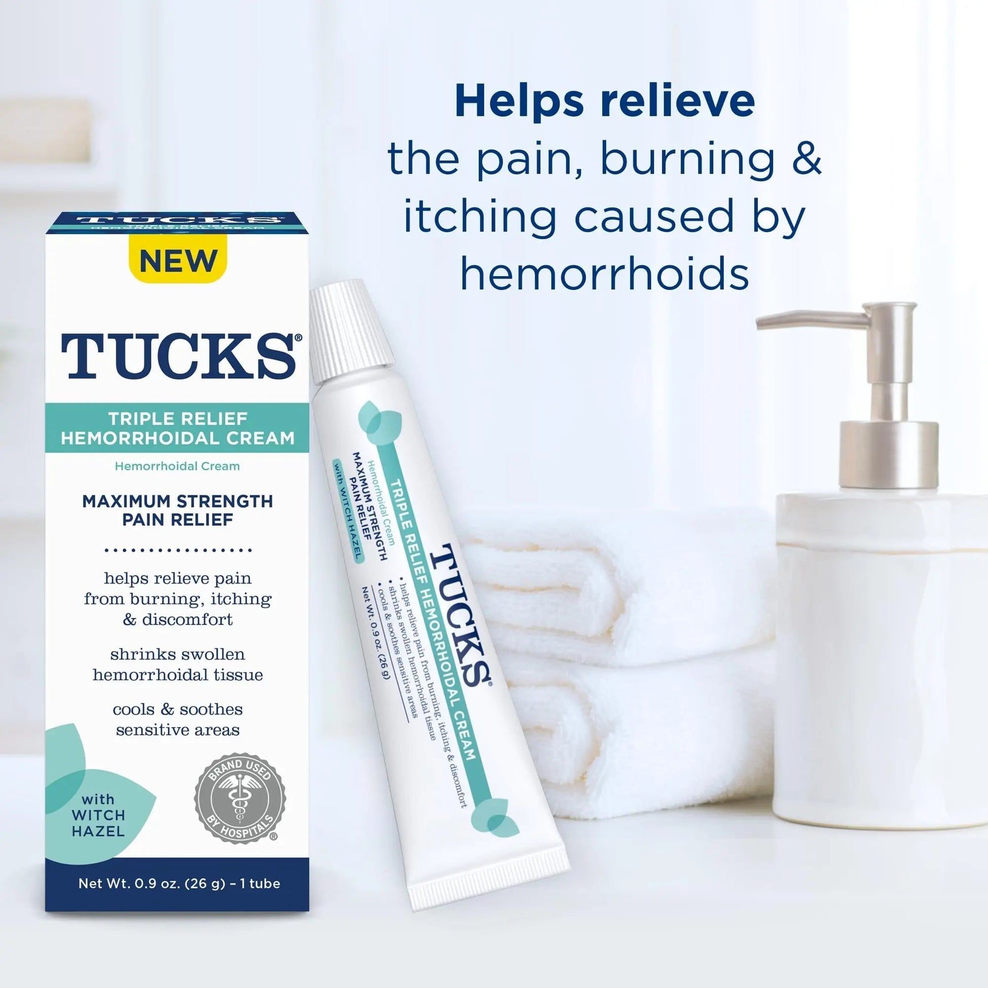 Tucks Triple Relief Hemorrhoidal Cream, Maximum Strength Pain Relief from Burning, Itching and Discomfort, with Witch Hazel, Treatment, Brand Used by Hospitals, 0.9oz. (26g) - dailyvitalstore