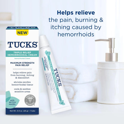 Tucks Triple Relief Hemorrhoidal Cream, Maximum Strength Pain Relief from Burning, Itching and Discomfort, with Witch Hazel, Treatment, Brand Used by Hospitals, 0.9oz. (26g) - dailyvitalstore