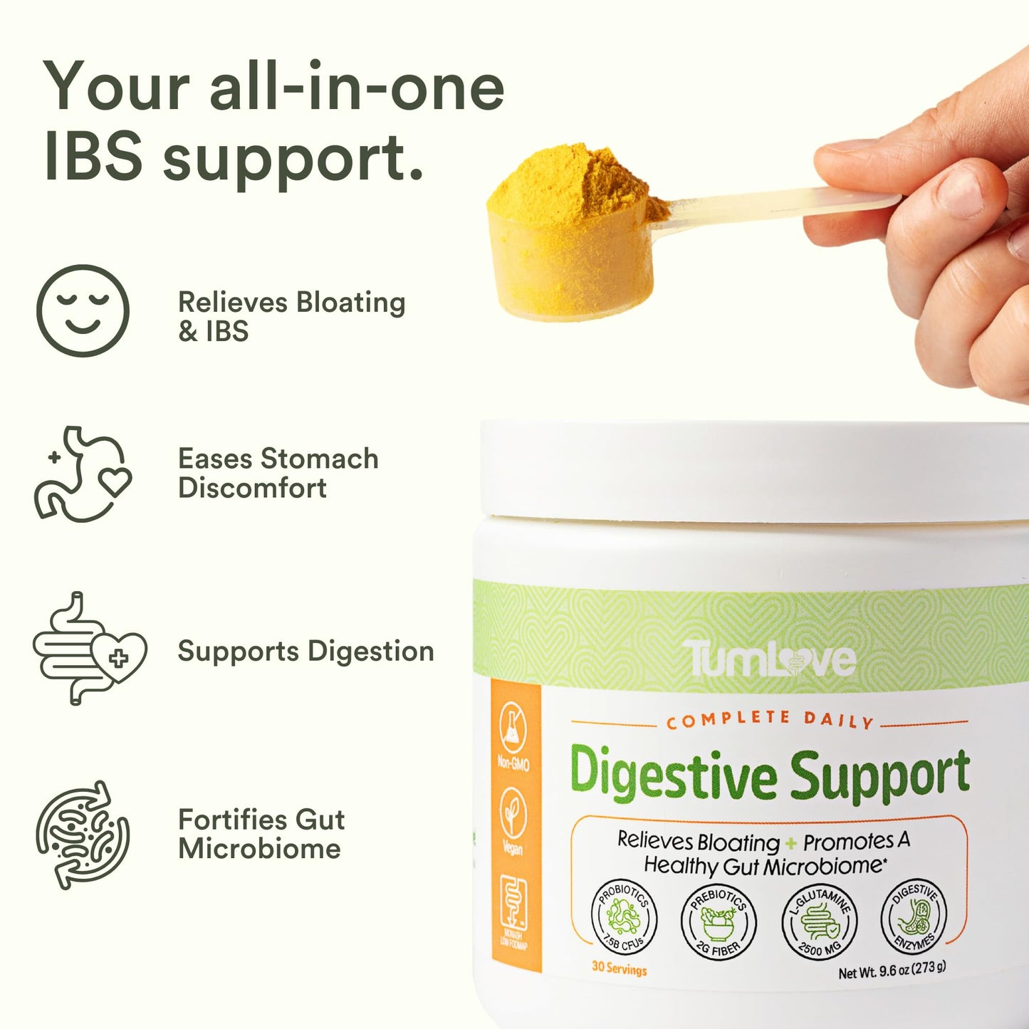 TumLove IBS Relief & Digestive Support Powder – Low FODMAP Certified, Probiotics, Prebiotics, Digestive Enzymes, L-Glutamine & 5 Soothing Herbs - dailyvitalstore