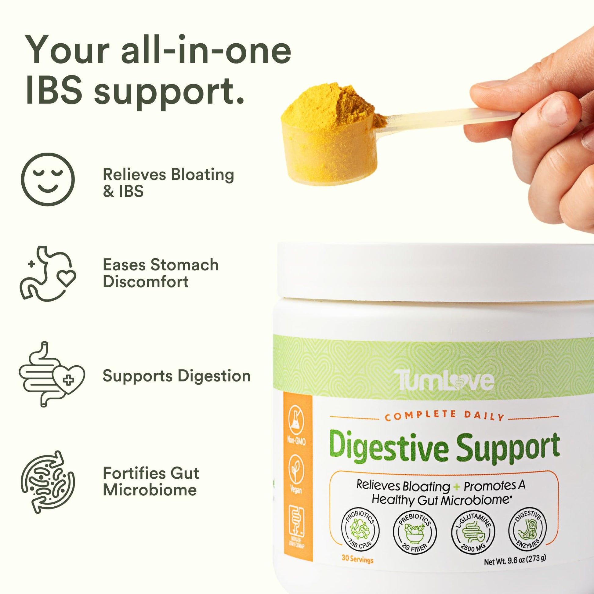 TumLove IBS Relief & Digestive Support Powder – Low FODMAP Certified, Probiotics, Prebiotics, Digestive Enzymes, L-Glutamine & 5 Soothing Herbs - dailyvitalstore