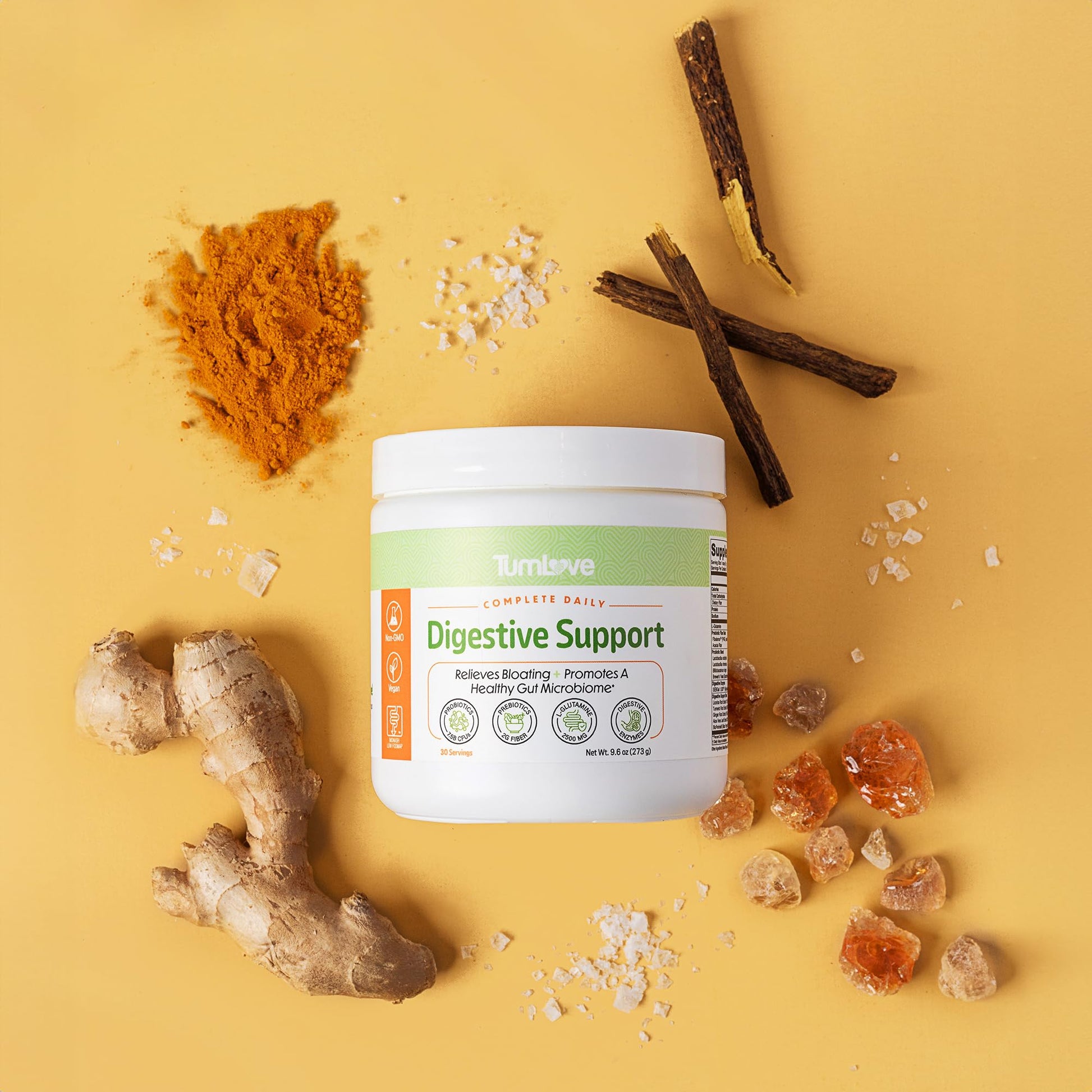 TumLove IBS Relief & Digestive Support Powder – Low FODMAP Certified, Probiotics, Prebiotics, Digestive Enzymes, L-Glutamine & 5 Soothing Herbs - dailyvitalstore