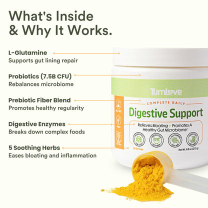 TumLove IBS Relief & Digestive Support Powder – Low FODMAP Certified, Probiotics, Prebiotics, Digestive Enzymes, L-Glutamine & 5 Soothing Herbs - dailyvitalstore