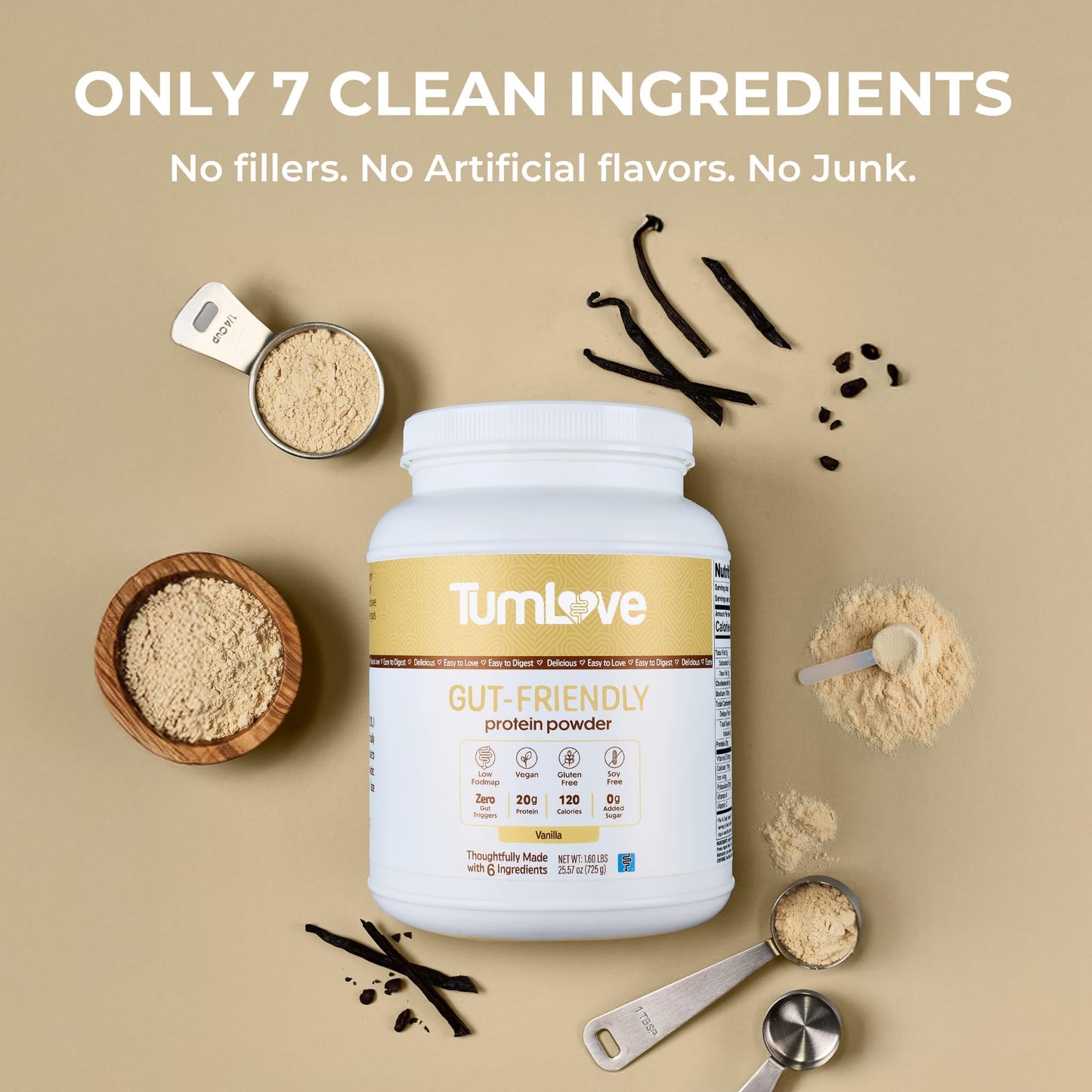 TumLove Vegan Protein Powder - Low FODMAP Certified, Gluten-Free, Dairy-Free, Soy-Free, 100% Gut-Friendly & Non-Bloating, Vanilla (25 Servings) - dailyvitalstore