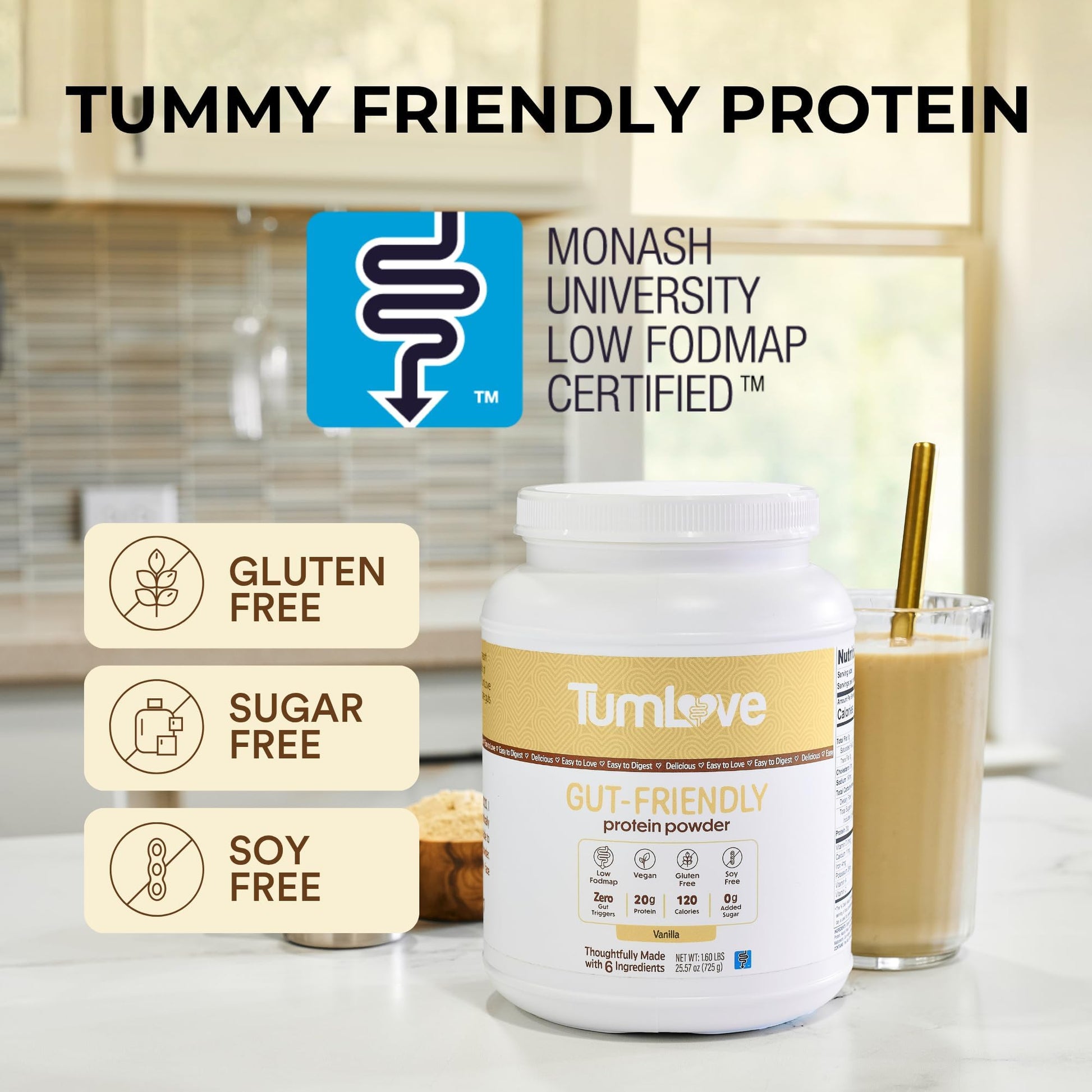 TumLove Vegan Protein Powder - Low FODMAP Certified, Gluten-Free, Dairy-Free, Soy-Free, 100% Gut-Friendly & Non-Bloating, Vanilla (25 Servings) - dailyvitalstore