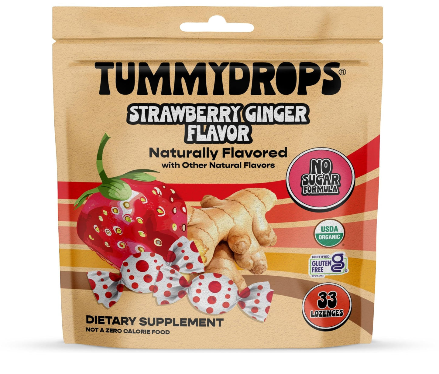 Tummydrops, No Sugar Strawberry Ginger Flavor, Gluten Free & Vegan, 33 Individually Wrapped Organic Ginger Lozenges Made with Organic Monkfruit - dailyvitalstore
