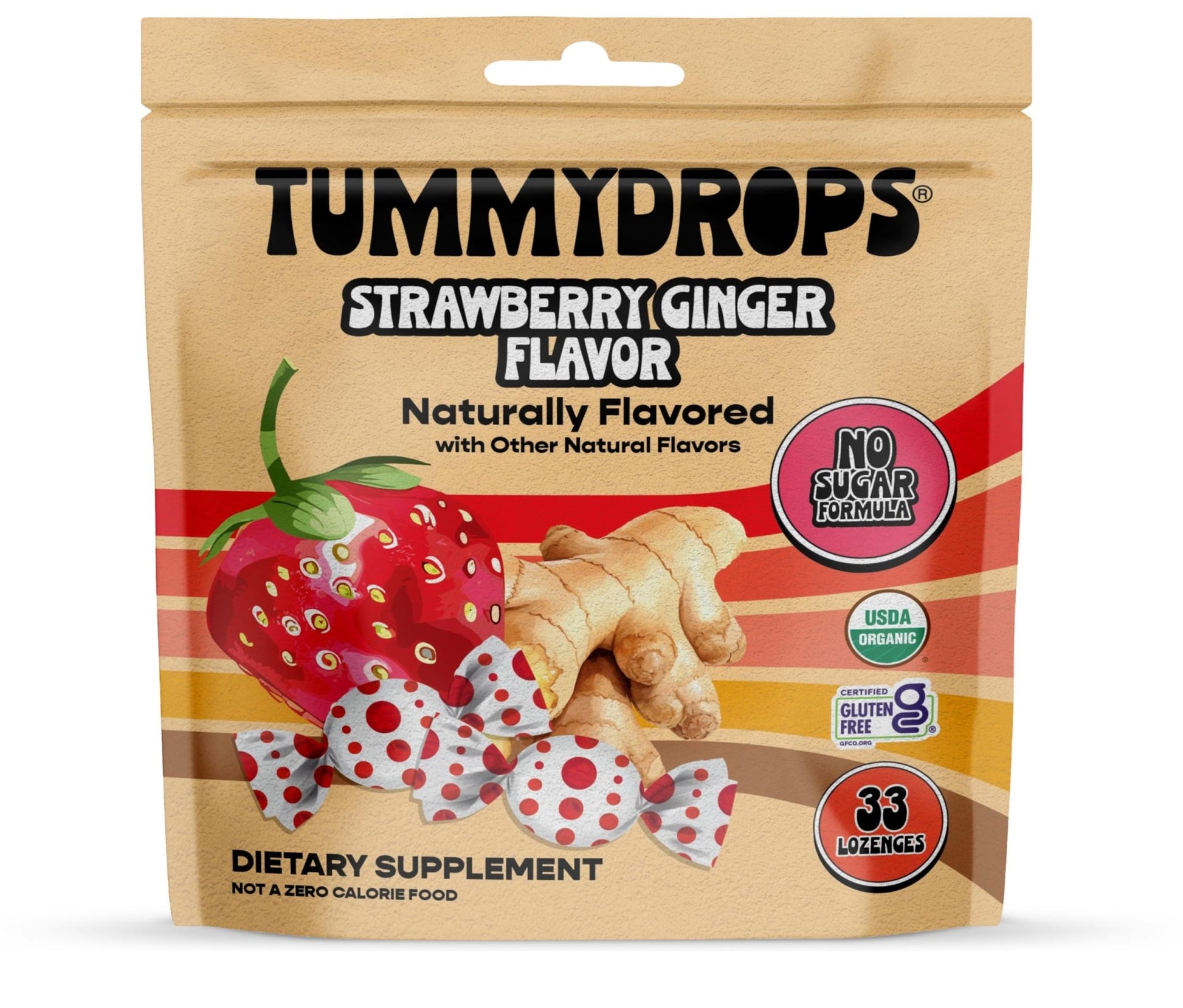 Tummydrops, No Sugar Strawberry Ginger Flavor, Gluten Free & Vegan, 33 Individually Wrapped Organic Ginger Lozenges Made with Organic Monkfruit - dailyvitalstore