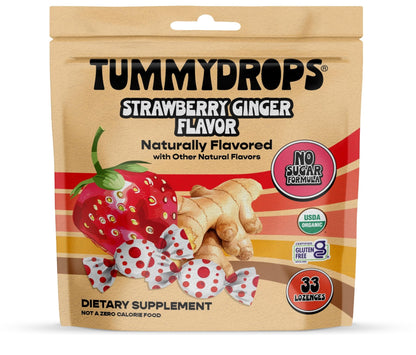 Tummydrops, No Sugar Strawberry Ginger Flavor, Gluten Free & Vegan, 33 Individually Wrapped Organic Ginger Lozenges Made with Organic Monkfruit - dailyvitalstore