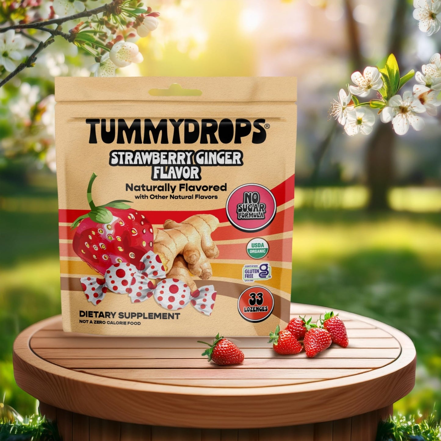 Tummydrops, No Sugar Strawberry Ginger Flavor, Gluten Free & Vegan, 33 Individually Wrapped Organic Ginger Lozenges Made with Organic Monkfruit - dailyvitalstore