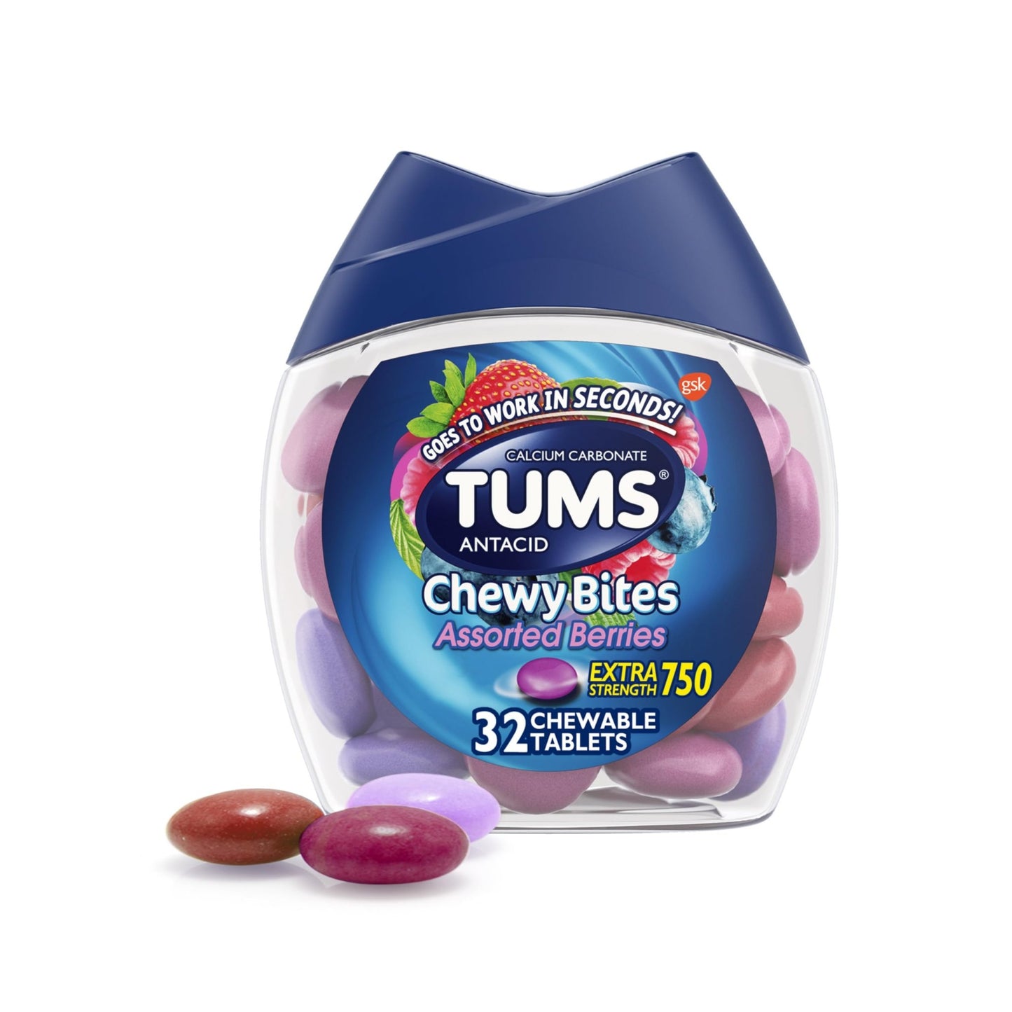 TUMS Chewy Bites Antacid Tablets for Chewable Heartburn & Acid Indigestion Relief, Assorted Berries, 32 Count - dailyvitalstore