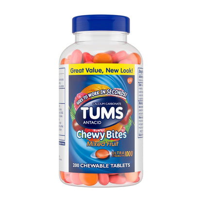 TUMS Chewy Bites Chewable Antacid Tablets for Ultra Strength Heartburn Relief, Great for a Summer BBQ- Mixed Fruit - 200 Count - dailyvitalstore