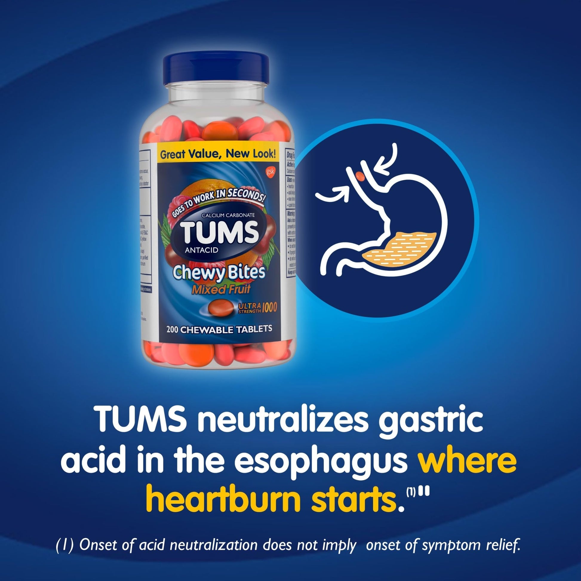 TUMS Chewy Bites Chewable Antacid Tablets for Ultra Strength Heartburn Relief, Great for a Summer BBQ- Mixed Fruit - 200 Count - dailyvitalstore