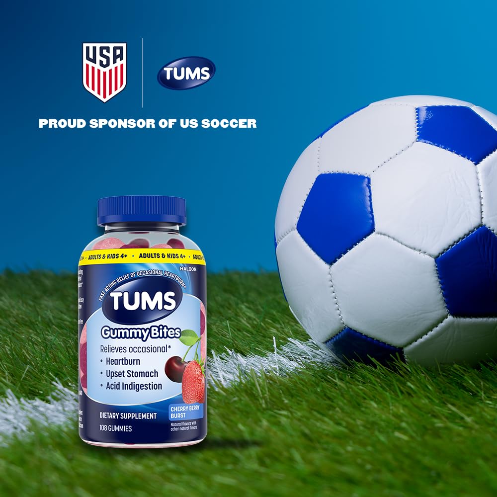 TUMS Gummy Bites Dietary Supplement for Occasional Heartburn Relief, Upset Stomach and Acid Indigestion, Cherry Berry Burst - 108 Count - dailyvitalstore