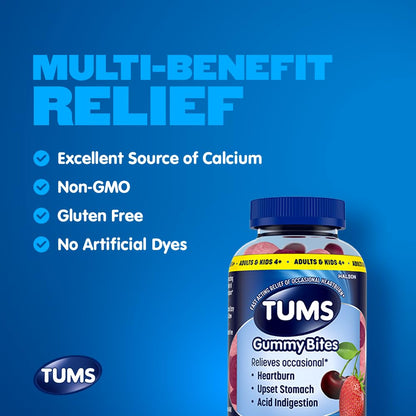 TUMS Gummy Bites Dietary Supplement for Occasional Heartburn Relief, Upset Stomach and Acid Indigestion, Cherry Berry Burst - 108 Count - dailyvitalstore