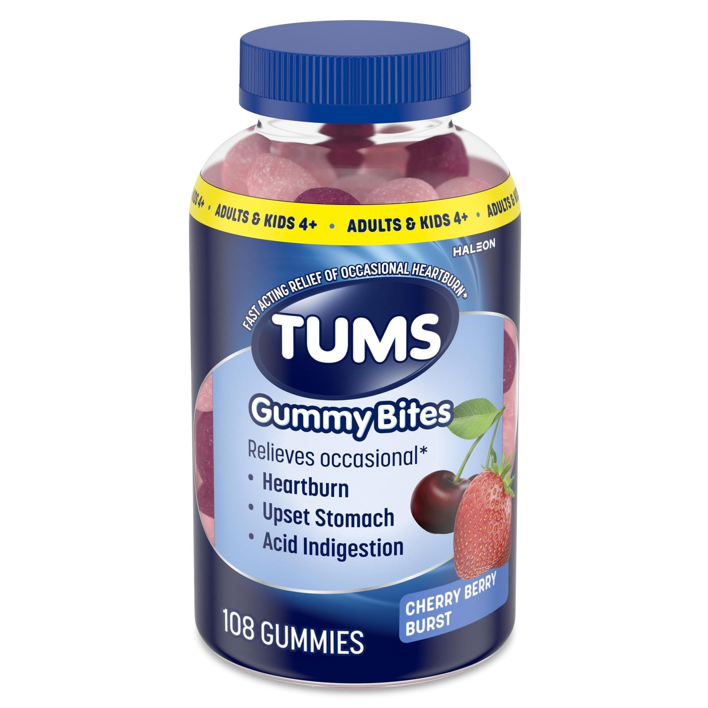 TUMS Gummy Bites Dietary Supplement for Occasional Heartburn Relief, Upset Stomach and Acid Indigestion, Cherry Berry Burst - 108 Count - dailyvitalstore