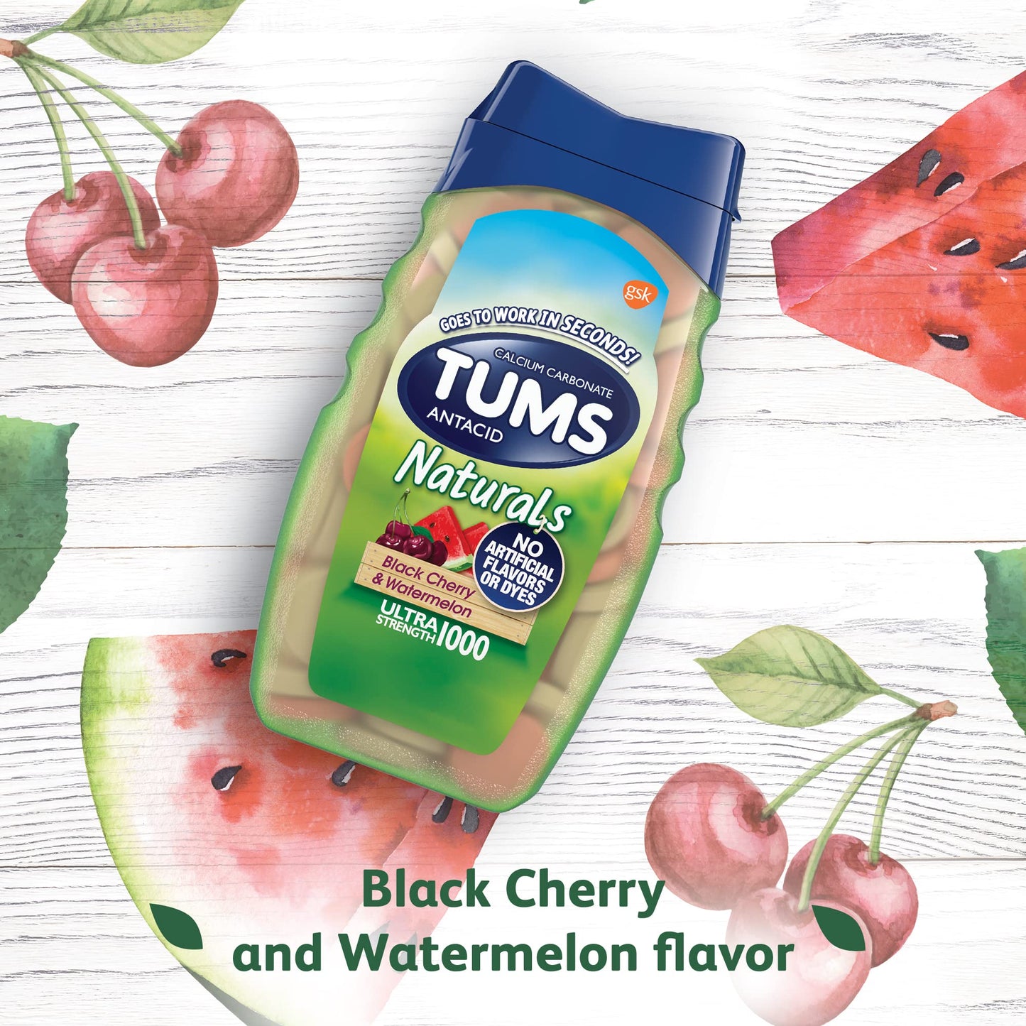 TUMS Naturals Ultra Strength Antacid Chews for Heartburn Relief, Great for a Summer BBQ - Black Cherry & Watermelon - 190 Count - dailyvitalstore