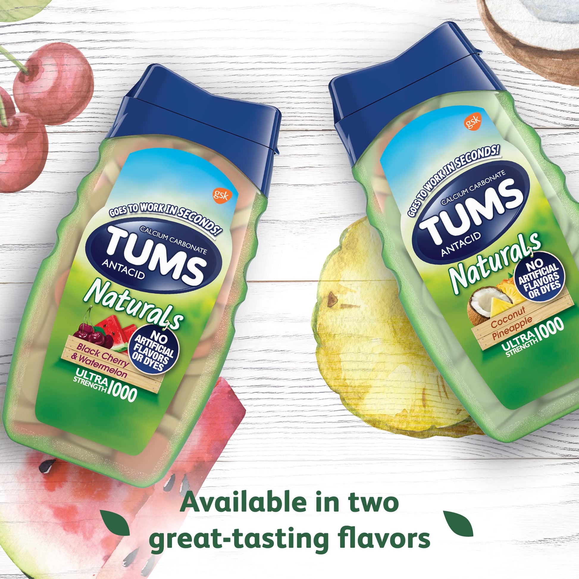 TUMS Naturals Ultra Strength Antacid Chews for Heartburn Relief, Great for a Summer BBQ - Black Cherry & Watermelon - 190 Count - dailyvitalstore