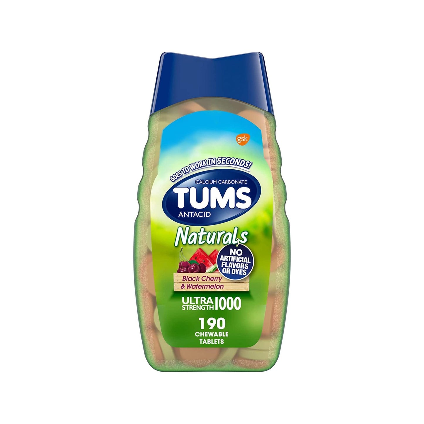 TUMS Naturals Ultra Strength Antacid Chews for Heartburn Relief, Great for a Summer BBQ - Black Cherry & Watermelon - 190 Count - dailyvitalstore