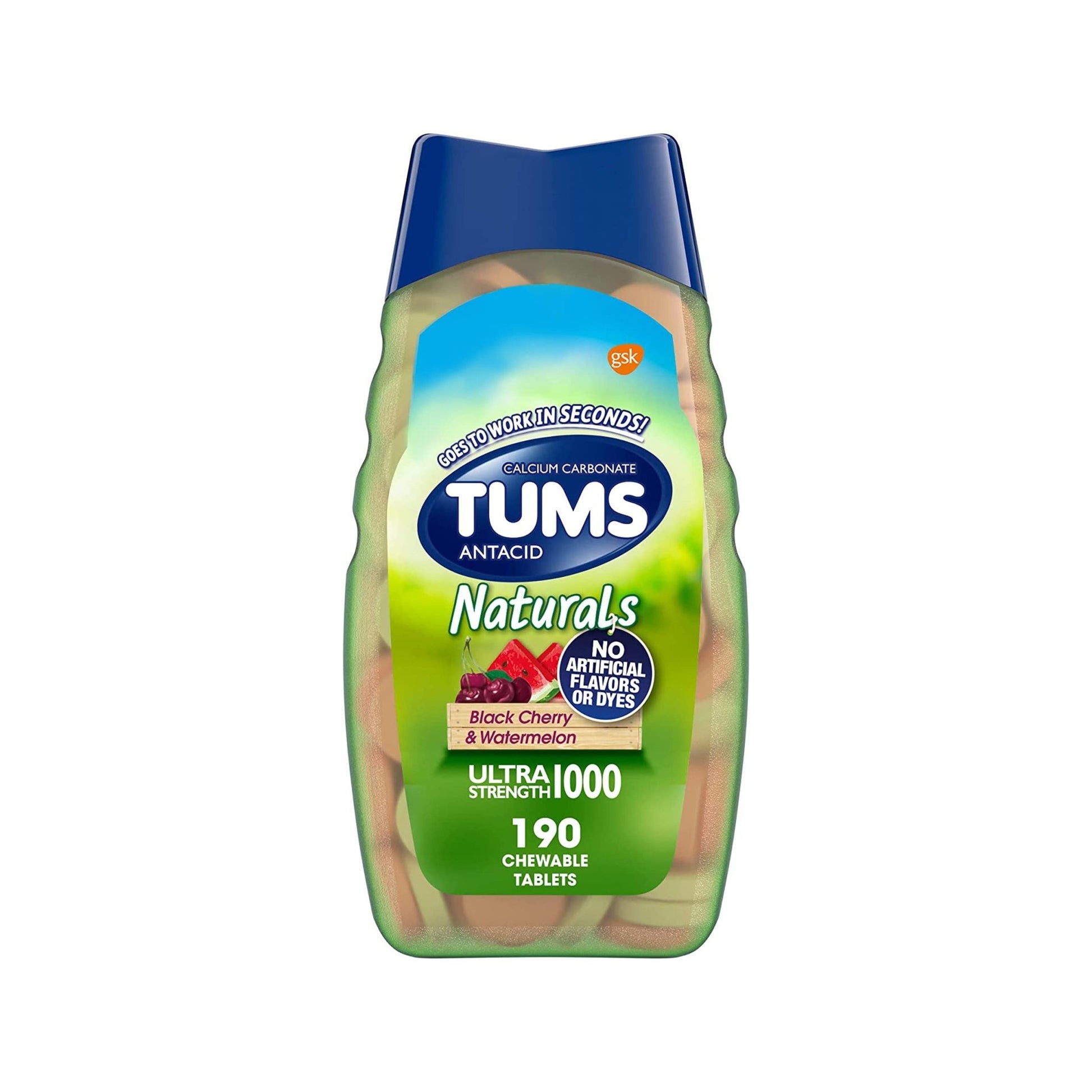 TUMS Naturals Ultra Strength Antacid Chews for Heartburn Relief, Great for a Summer BBQ - Black Cherry & Watermelon - 190 Count - dailyvitalstore