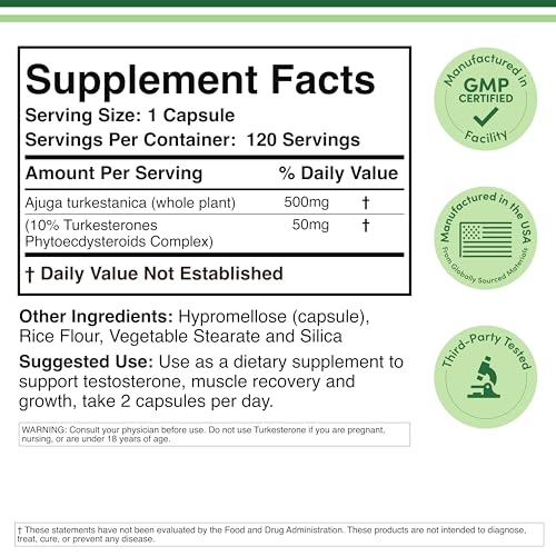 Turkesterone Supplement 500mg, 120 Capsules (Ajuga Turkestanica Extract Std. to 10% Turkesterone) Similar to Ecdysterone for Men's Health Support (Manufactured and Tested in the USA) by Double Wood - dailyvitalstore