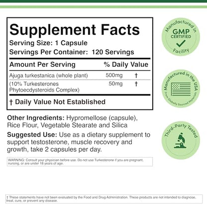 Turkesterone Supplement 500mg, 120 Capsules (Ajuga Turkestanica Extract Std. to 10% Turkesterone) Similar to Ecdysterone for Men's Health Support (Manufactured and Tested in the USA) by Double Wood - dailyvitalstore