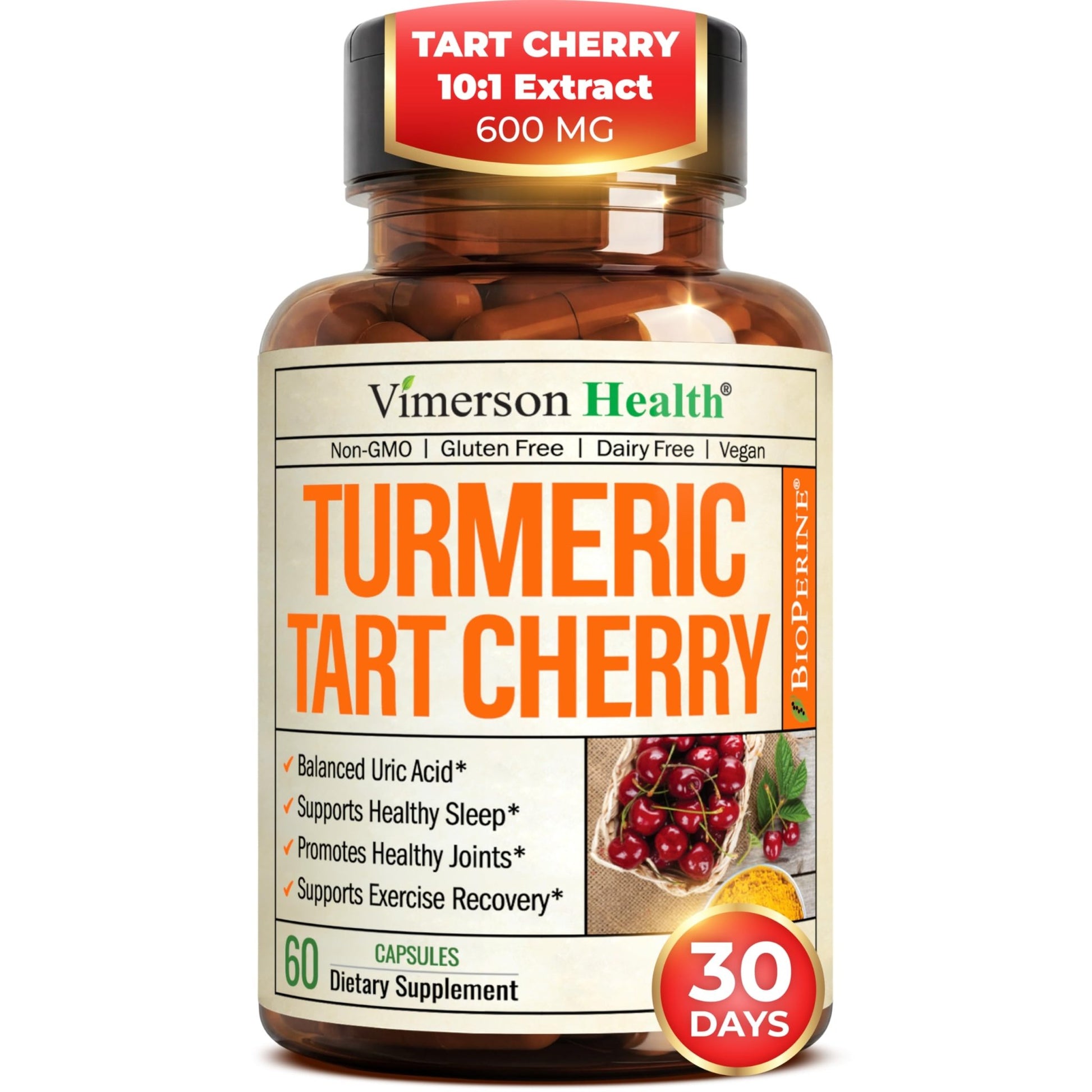 Turmeric Curcumin Supplement with 10:1 Tart Cherry Extract & Celery Seed Extract – Natural Uric Acid Balance, Joint Health & Sleep Aid – Turmeric Curcumin with Black Pepper – 60 Tart Cherry Capsules - dailyvitalstore