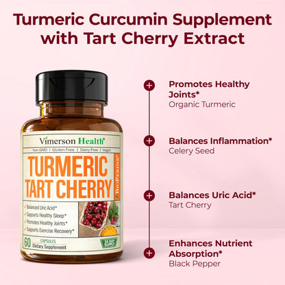 Turmeric Curcumin Supplement with 10:1 Tart Cherry Extract & Celery Seed Extract – Natural Uric Acid Balance, Joint Health & Sleep Aid – Turmeric Curcumin with Black Pepper – 60 Tart Cherry Capsules - dailyvitalstore