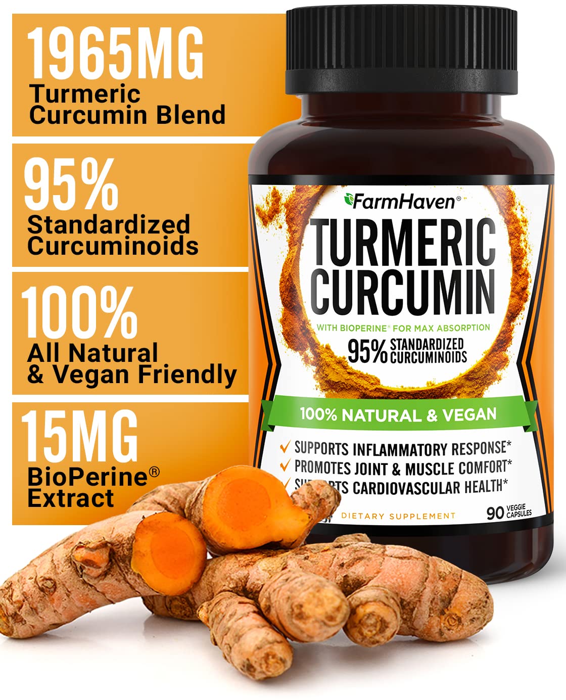 Turmeric Curcumin with BioPerine Black Pepper & 95% Curcuminoids, 1965mg, Maximum Absorption for Joint Support, Non-GMO Turmeric Capsules, - dailyvitalstore