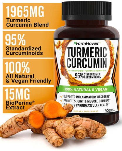 Turmeric Curcumin with BioPerine Black Pepper & 95% Curcuminoids, 1965mg, Maximum Absorption for Joint Support, Non-GMO Turmeric Capsules, - dailyvitalstore