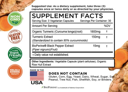 Turmeric Curcumin with BioPerine Black Pepper & 95% Curcuminoids, 1965mg, Maximum Absorption for Joint Support, Non-GMO Turmeric Capsules, - dailyvitalstore