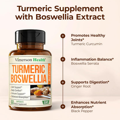 Turmeric Supplement w/Boswellia Serrata – Daily Support for Joint Health & Comfort – Organic Turmeric Curcumin Powder, Bioperine for Enhanced Absorption & Ginger Root – 60 Boswellia Extract Capsules - dailyvitalstore