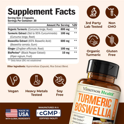 Turmeric Supplement w/Boswellia Serrata – Daily Support for Joint Health & Comfort – Organic Turmeric Curcumin Powder, Bioperine for Enhanced Absorption & Ginger Root – 60 Boswellia Extract Capsules - dailyvitalstore