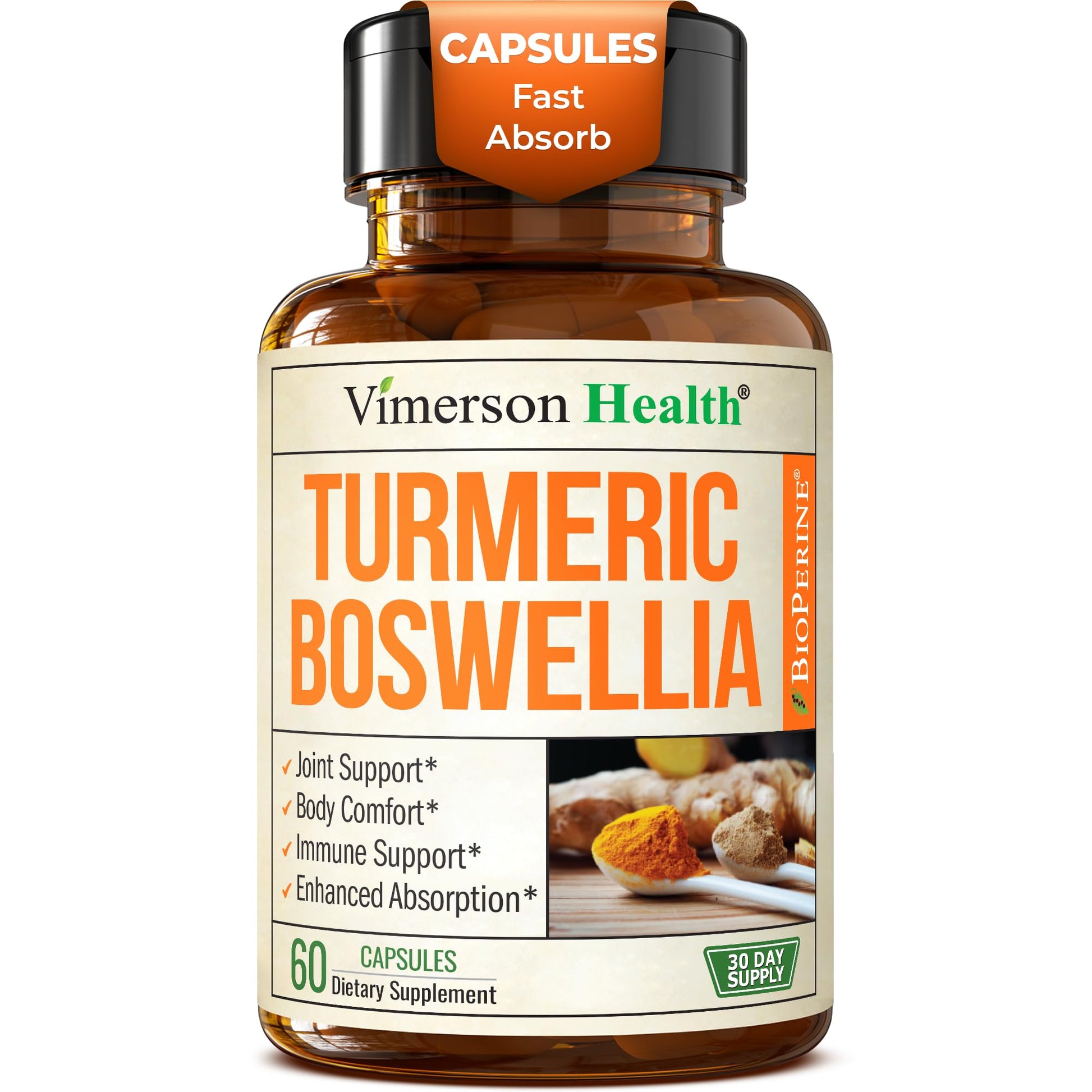 Turmeric Supplement w/Boswellia Serrata – Daily Support for Joint Health & Comfort – Organic Turmeric Curcumin Powder, Bioperine for Enhanced Absorption & Ginger Root – 60 Boswellia Extract Capsules - dailyvitalstore