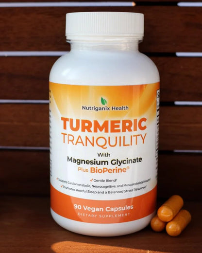Turmeric Tranquility Turmeric Curcumin & Magnesium Glycinate with BioPerine – Support for Stress Relief, Sleep, Heart Health, Muscles, Metabolism, and Joint Health* - High Absorption - 90 Capsules (1) - dailyvitalstore
