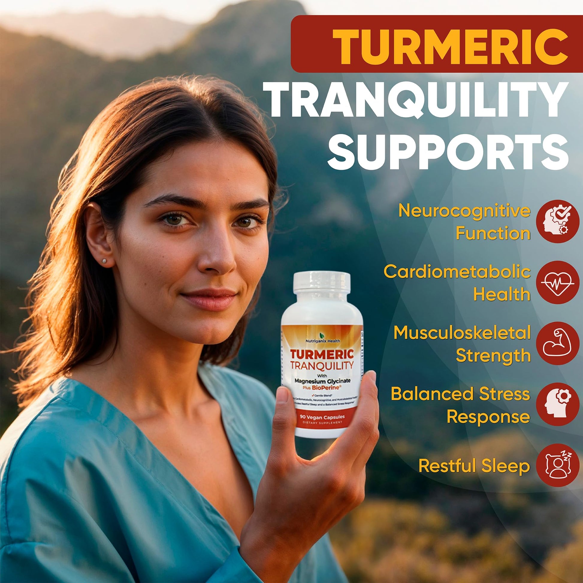 Turmeric Tranquility Turmeric Curcumin & Magnesium Glycinate with BioPerine – Support for Stress Relief, Sleep, Heart Health, Muscles, Metabolism, and Joint Health* - High Absorption - 90 Capsules (1) - dailyvitalstore