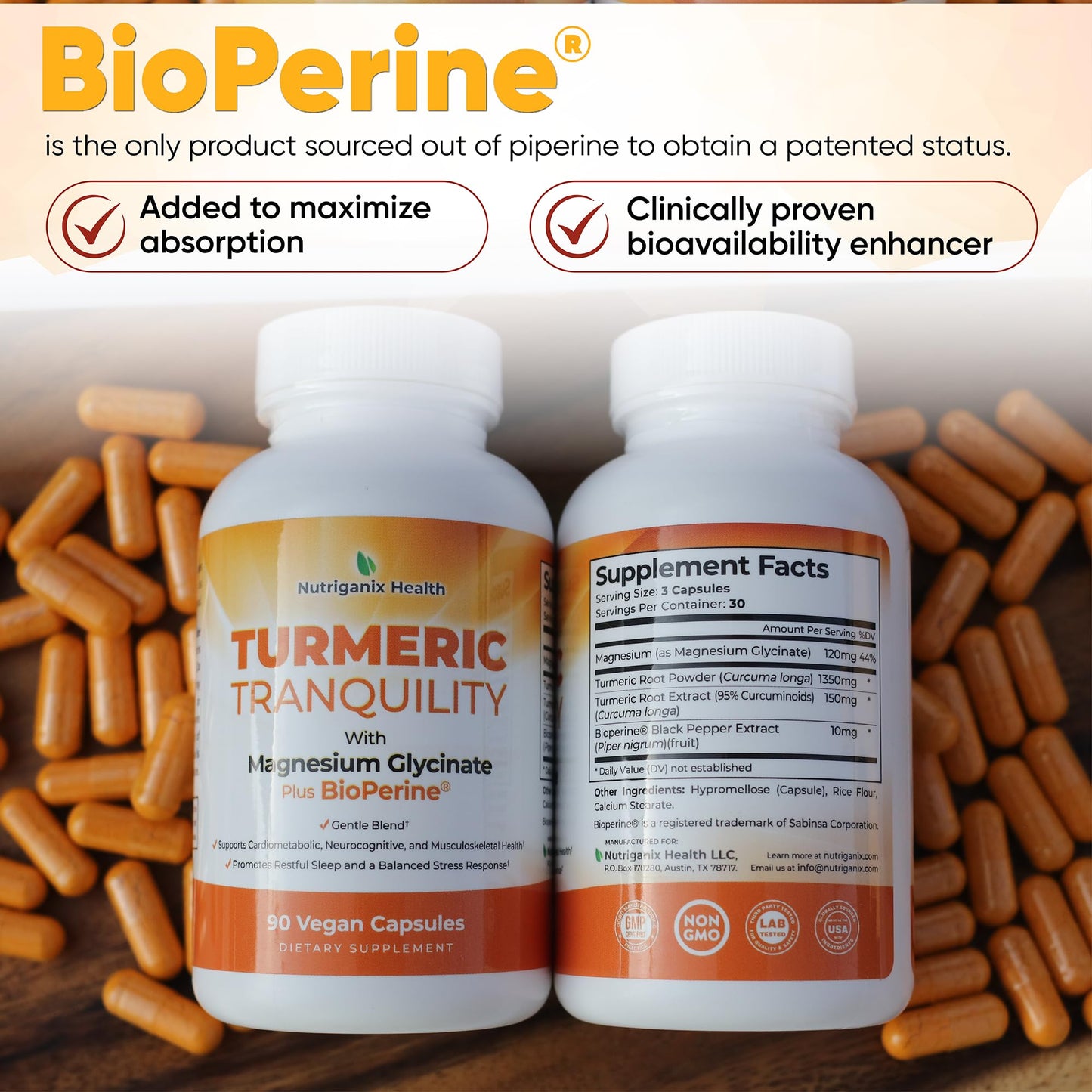 Turmeric Tranquility Turmeric Curcumin & Magnesium Glycinate with BioPerine – Support for Stress Relief, Sleep, Heart Health, Muscles, Metabolism, and Joint Health* - High Absorption - 90 Capsules (1) - dailyvitalstore